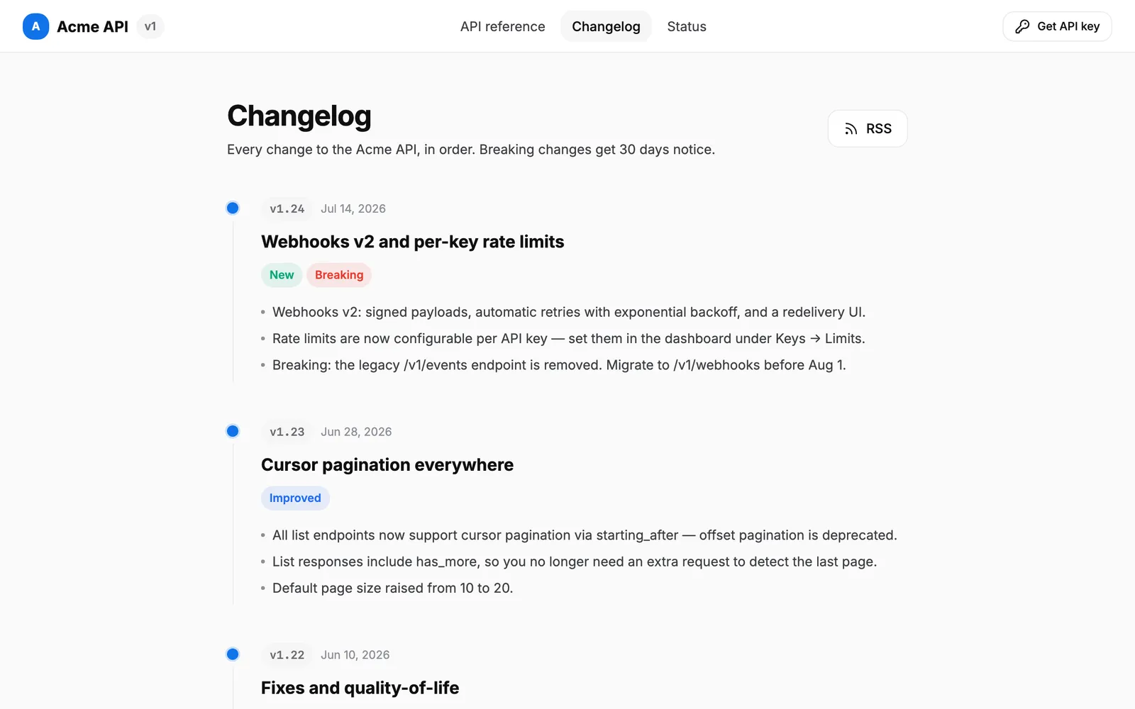 API Docs — Changelog page preview