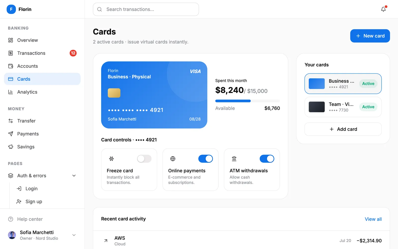 Florin Cards screen