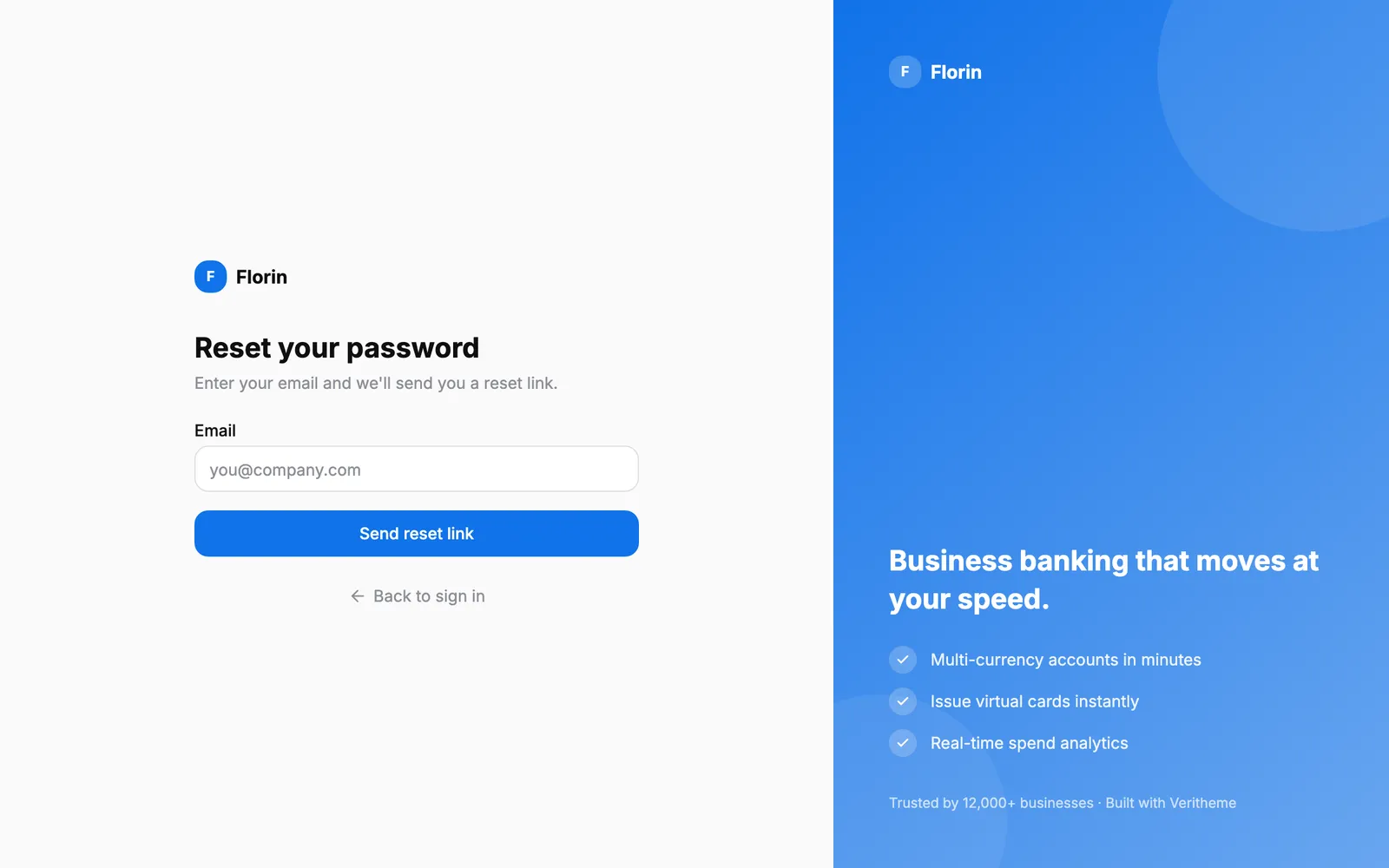 Florin Reset password screen