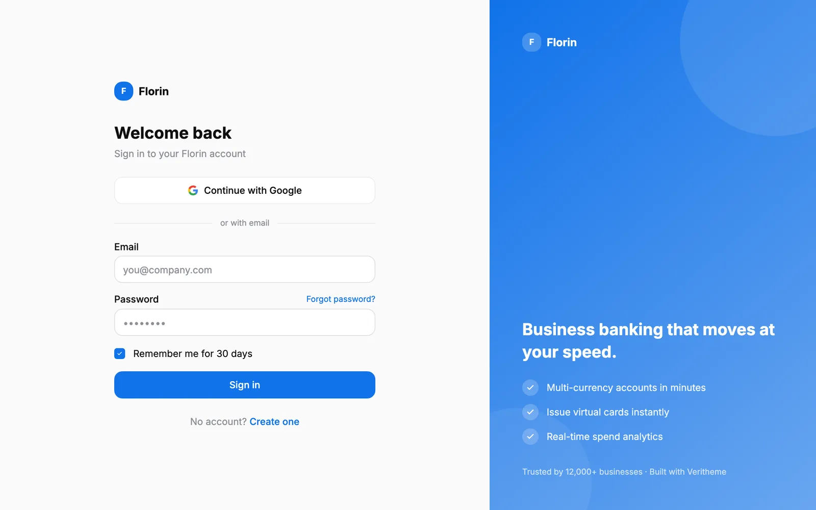 Florin Login screen