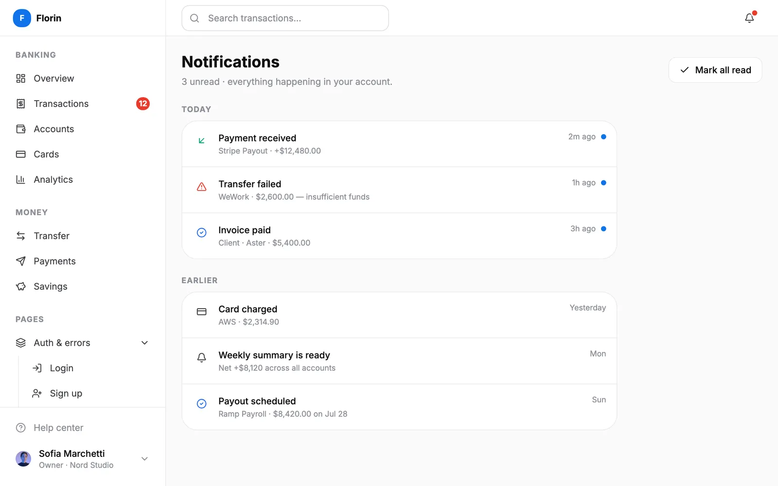 Florin Notifications screen