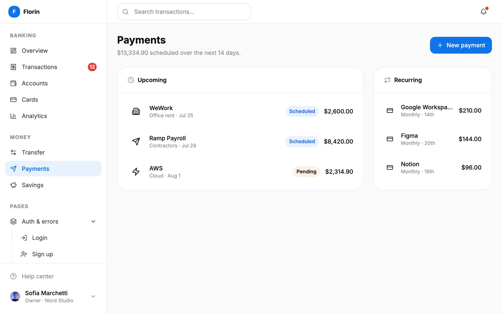 Florin Payments screen