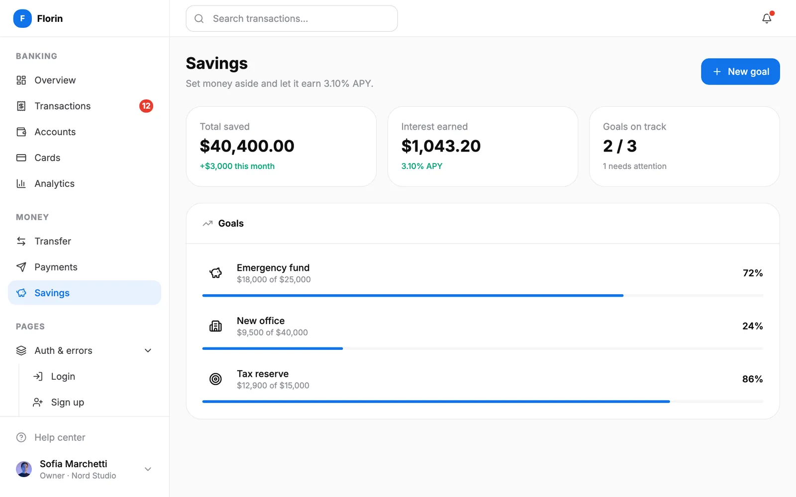 Florin Savings screen
