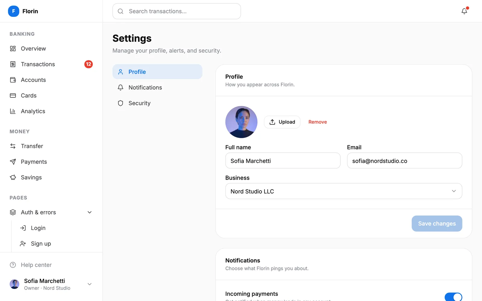 Florin Settings screen