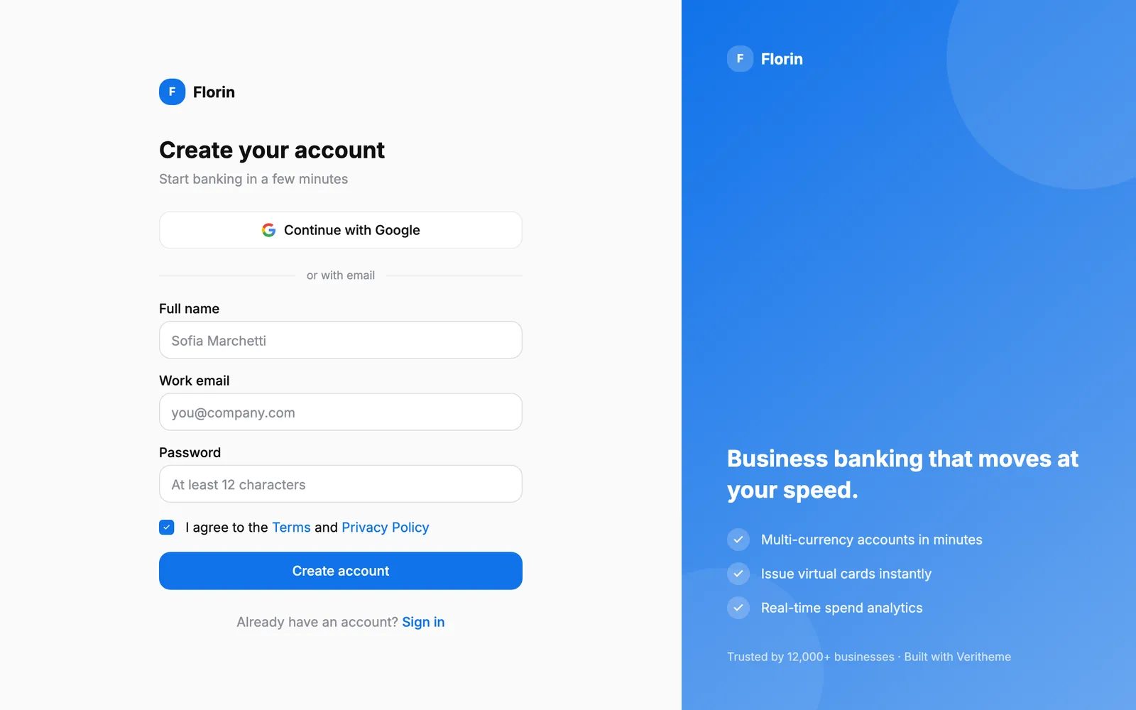 Florin Sign up screen