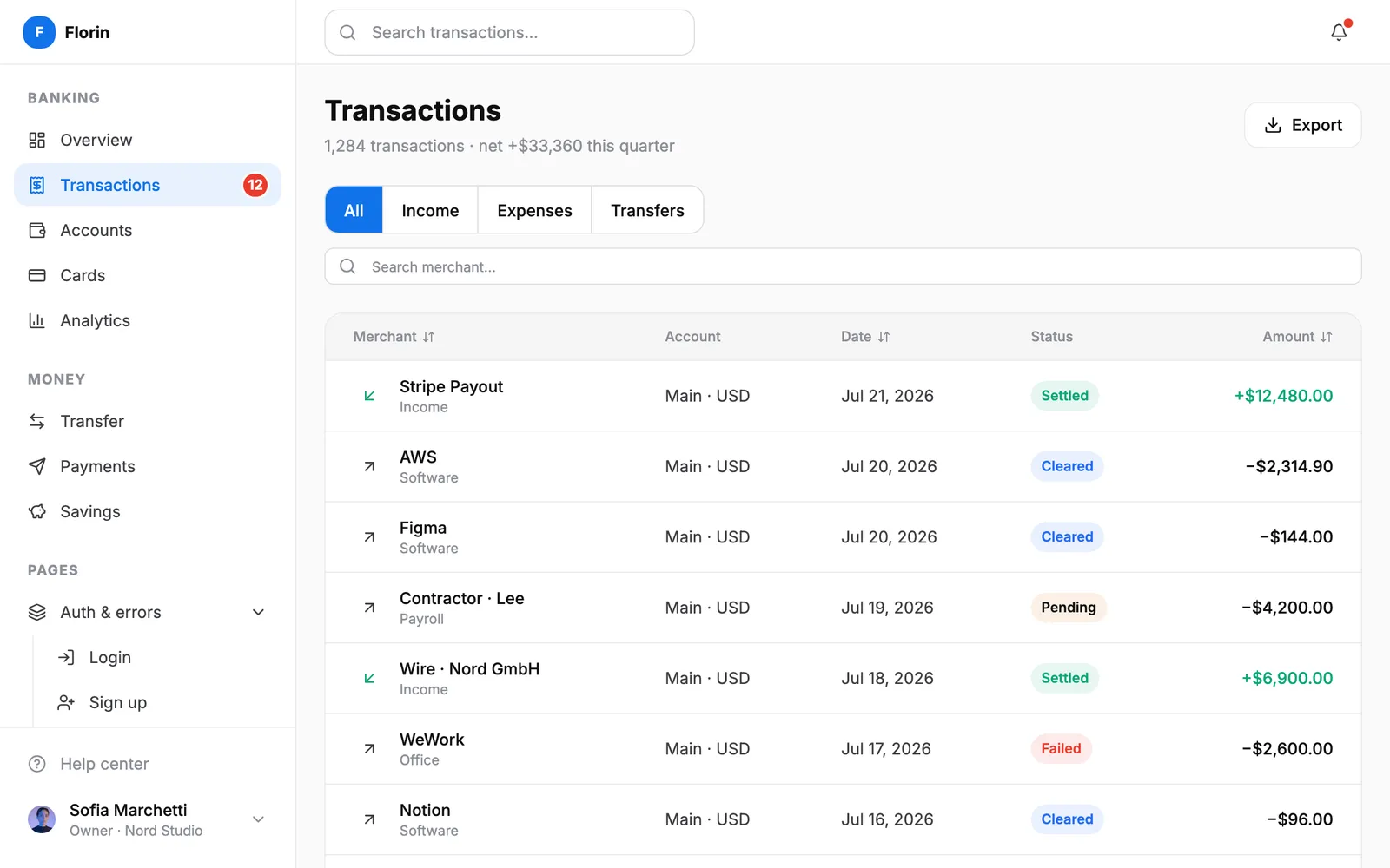 Florin Transactions screen