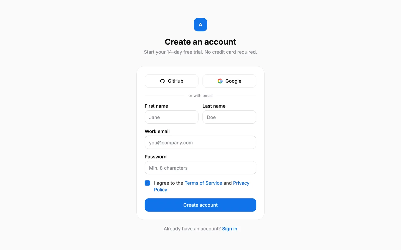 Auth — Sign up page preview