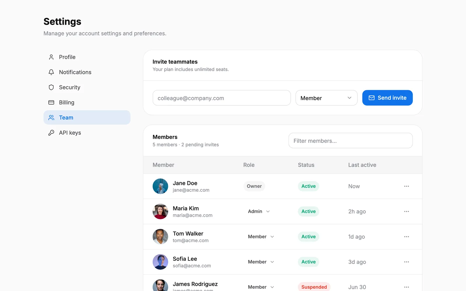 Settings — Team page preview